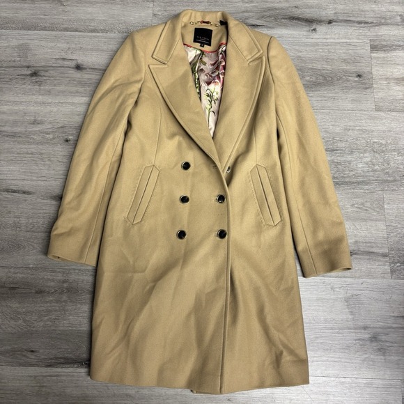 Ted Baker Beige Wool Cashmere Blend Belted Trench/Pea Coat Women's Size 2